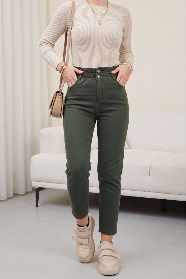 High Waist Jeans With Elastic Waist    -Khaki