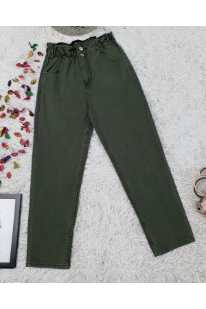 Beli Lastikli Yüksek Bel Kot Pantolon    -Kamuflaj