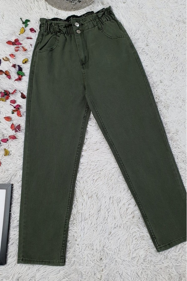 Beli Lastikli Yüksek Bel Kot Pantolon    -Kamuflaj