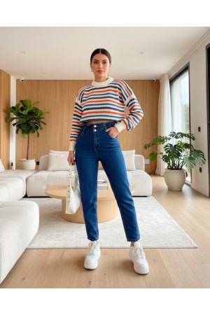 Beli Lastikli Yüksek Bel Kot Pantolon    -Koyu Mavi