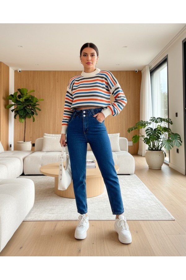High Waist Jeans With Elastic Waist    -Dark blue