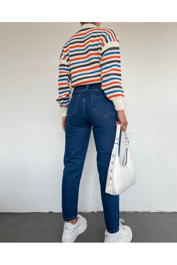 High Waist Jeans With Elastic Waist    -Dark blue