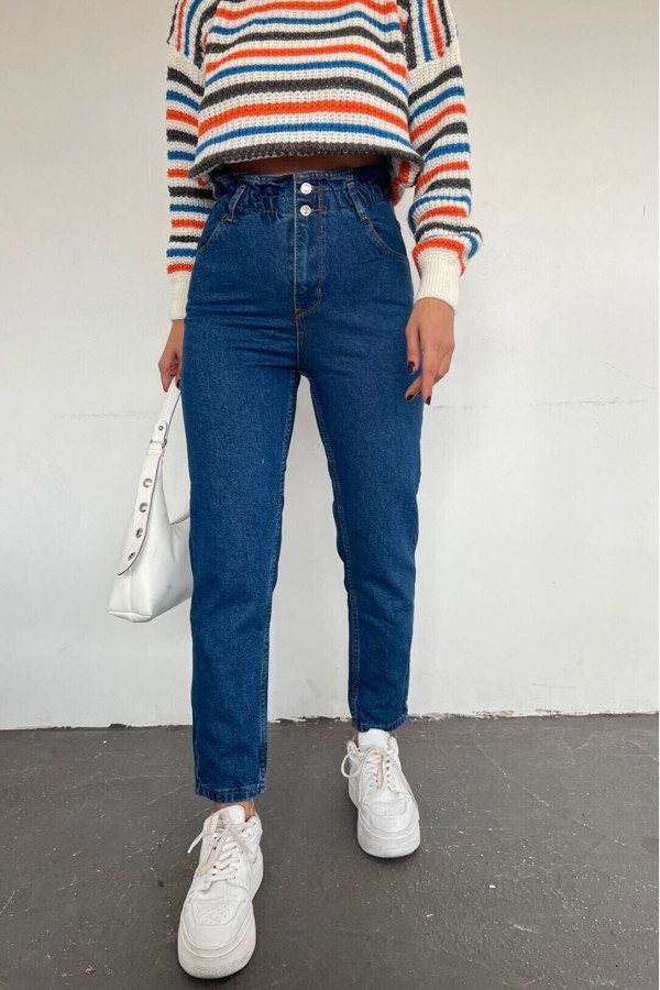 High Waist Jeans With Elastic Waist    -Dark blue