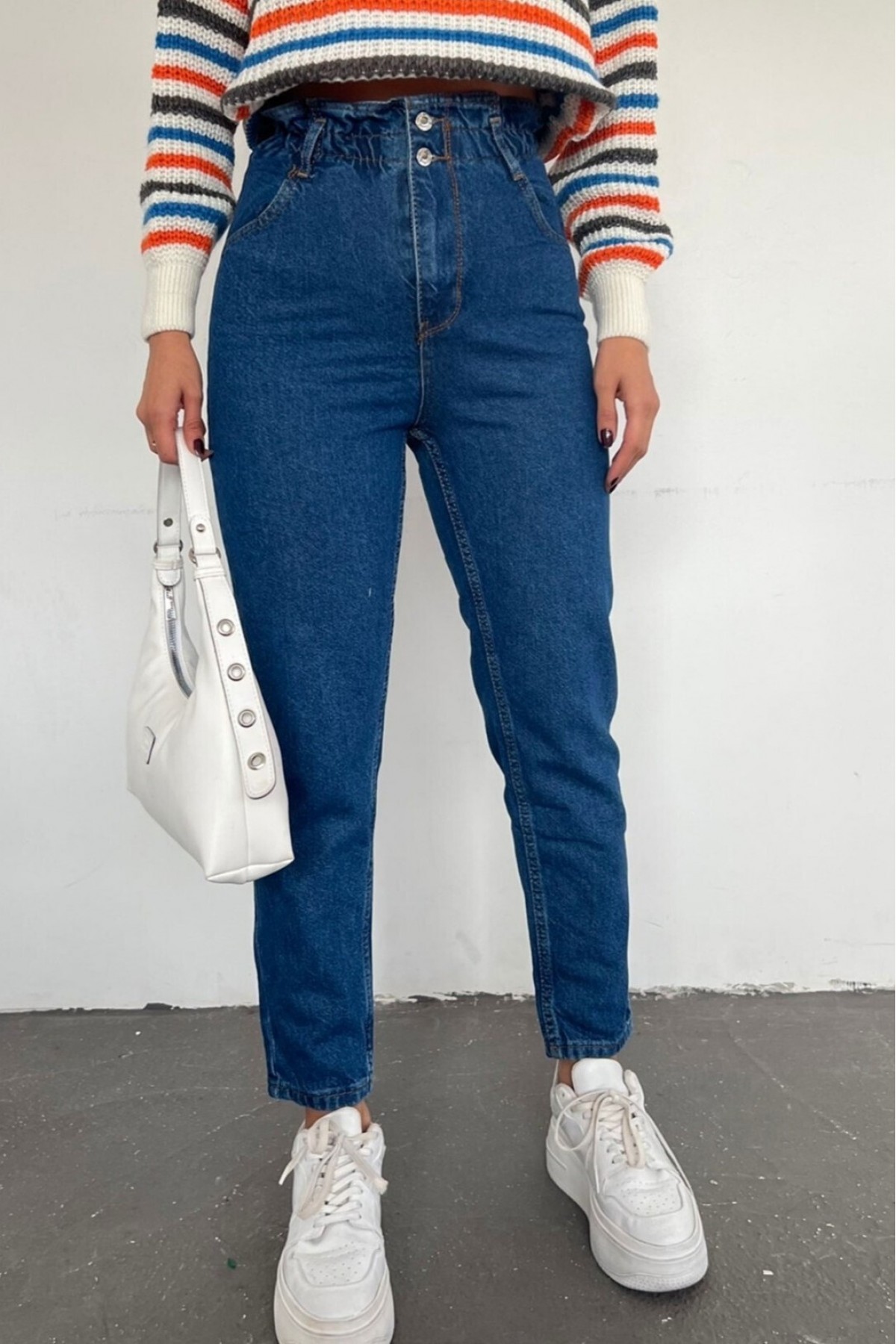 High Waist Jeans With Elastic Waist    -Dark blue