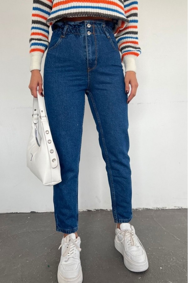 High Waist Jeans With Elastic Waist    -Dark blue