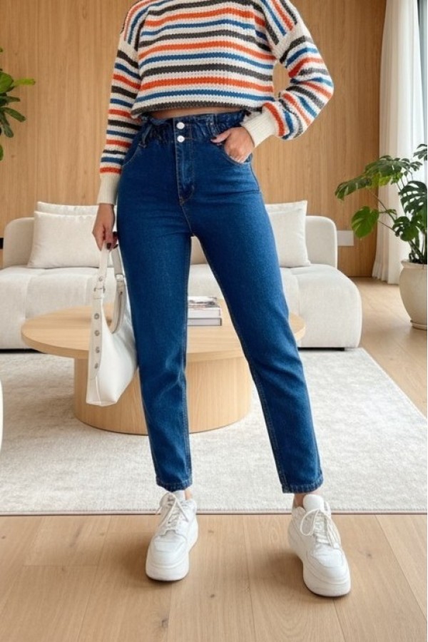 High Waist Jeans With Elastic Waist    -Dark blue