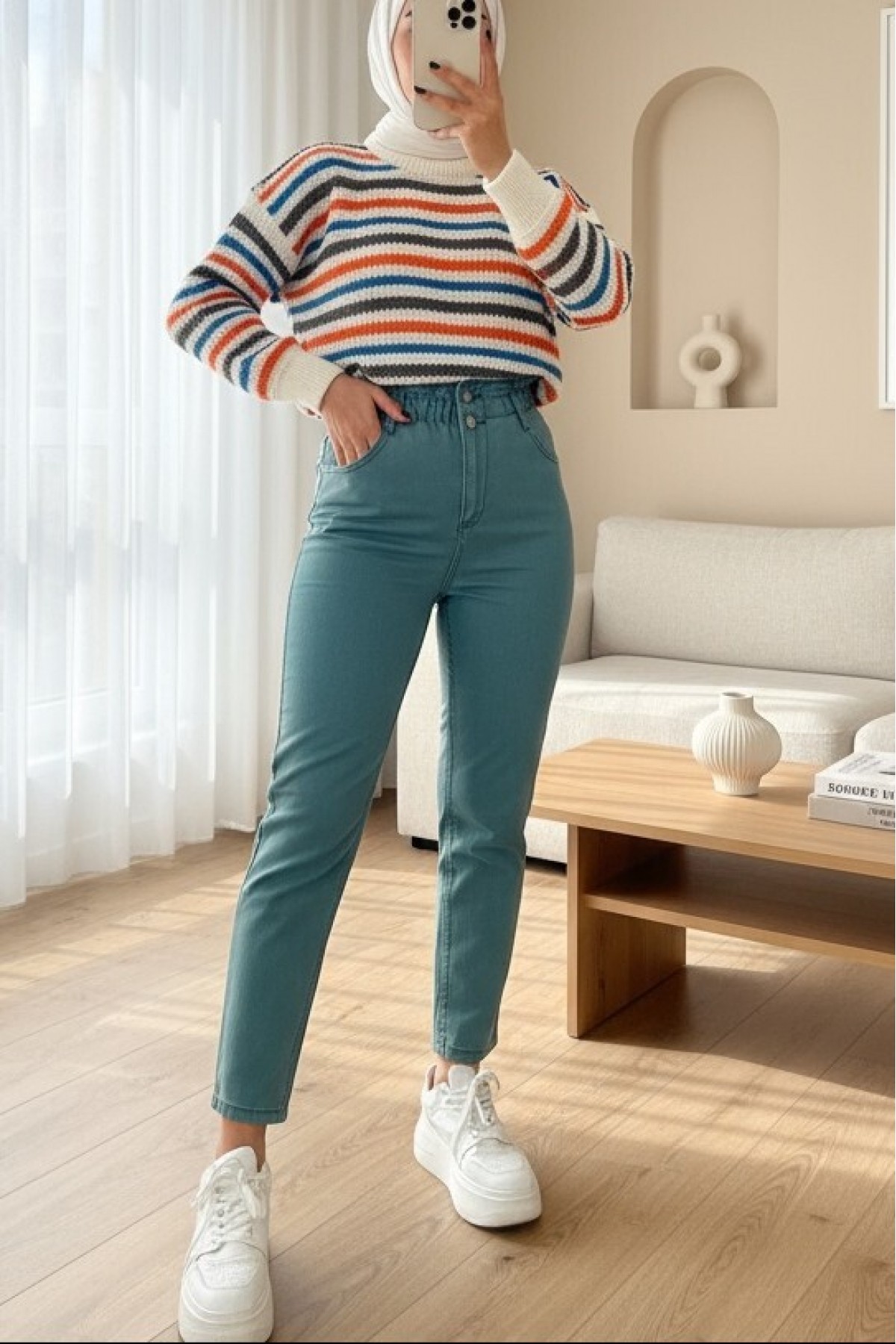 Beli Lastikli Yüksek Bel Kot Pantolon    -Mint
