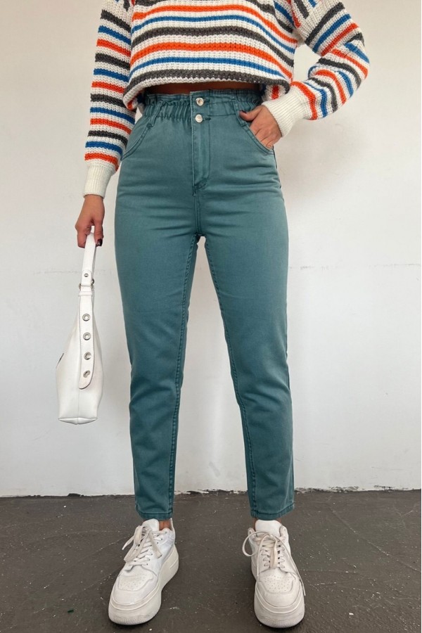 Beli Lastikli Yüksek Bel Kot Pantolon    -Mint
