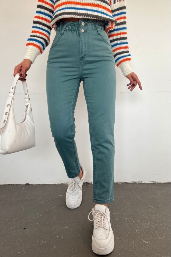Beli Lastikli Yüksek Bel Kot Pantolon    -Mint