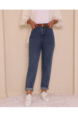 Kemerli Kot Pantolon -Koyu Mavi