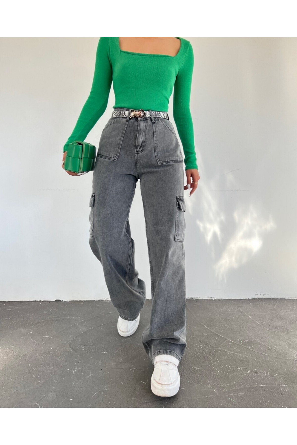 Wide Leg Jeans with Cargo Pockets  -Smoked 