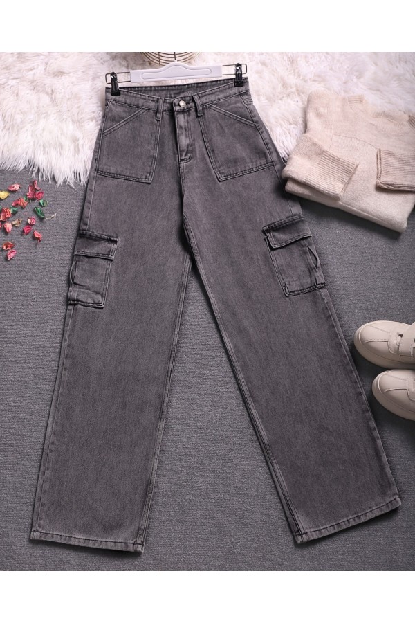 Kargo Cepli Bol Paça Kot Pantolon  -Füme