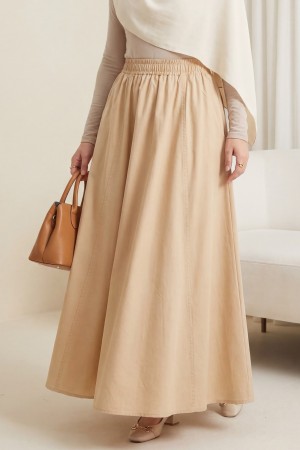 Beli Lastikli Çift Cepli Poplin Kloş Etek          -Somon