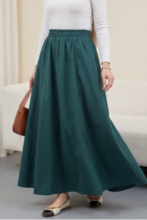Beli Lastikli Çift Cepli Poplin Kloş Etek           -Zümrüt