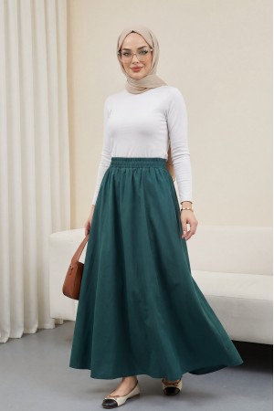 تنورة بوبلين بجيب مزدوج مع خصر مطاطي           -زمرد