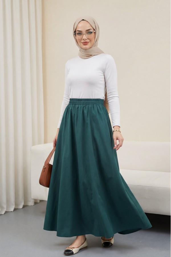 Double Pocket Poplin Flared Skirt with Elastic Waist           -Emerald