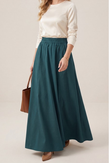 Beli Lastikli Çift Cepli Poplin Kloş Etek           -Zümrüt