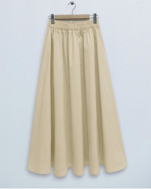 Beli Lastikli Çift Cepli Poplin Kloş Etek        -Sarı