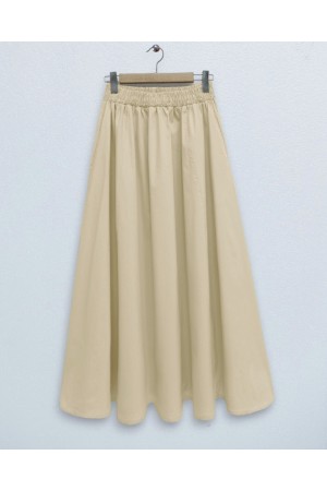 Beli Lastikli Çift Cepli Poplin Kloş Etek        -Sarı