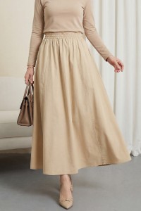 Beli Lastikli Çift Cepli Poplin Kloş Etek        -Sarı