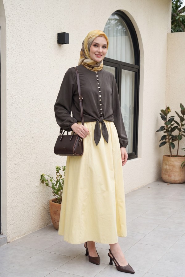 Double Pocket Poplin Flared Skirt with Elastic Waist        -Yellow