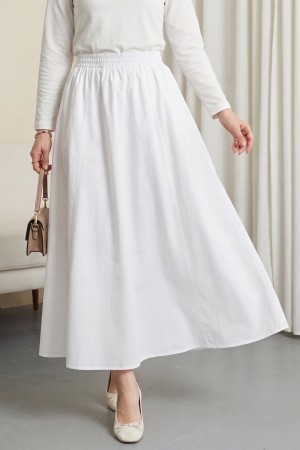 Beli Lastikli Çift Cepli Poplin Kloş Etek -Beyaz
