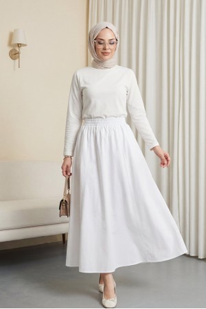 Beli Lastikli Çift Cepli Poplin Kloş Etek -Beyaz