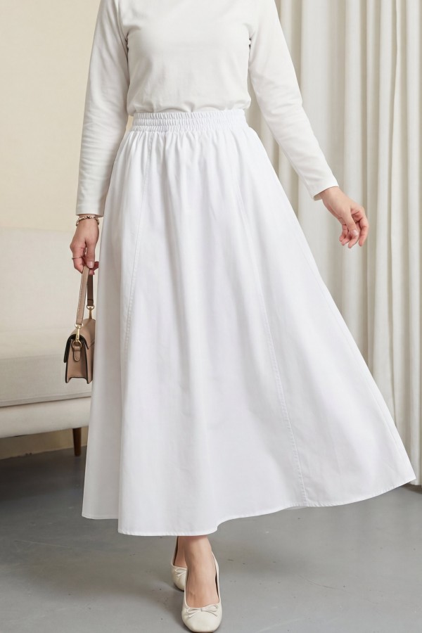 Double Pocket Poplin Flared Skirt with Elastic Waist -White