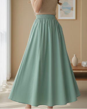 Beli Lastikli Çift Cepli Poplin Kloş Etek   -Çağla Y.