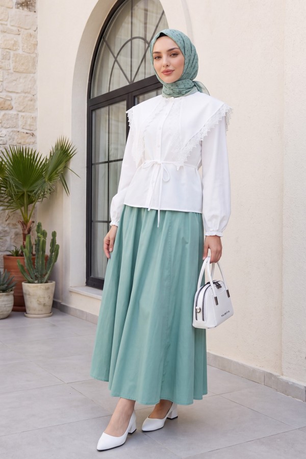 Beli Lastikli Çift Cepli Poplin Kloş Etek   -Çağla Y.