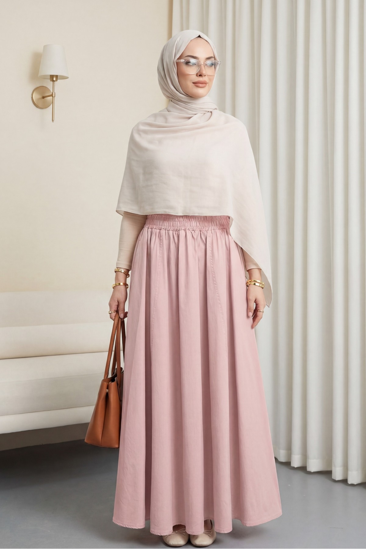 Double Pocket Poplin Flared Skirt with Elastic Waist     -Powder detay görseli