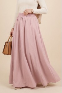 Beli Lastikli Çift Cepli Poplin Kloş Etek     -Pudra