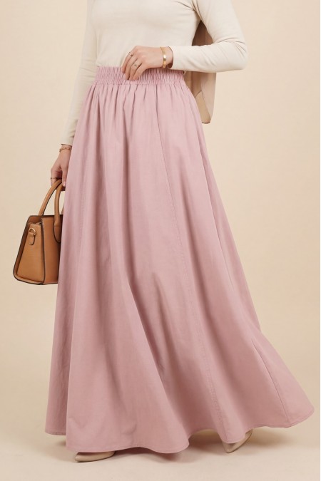 Beli Lastikli Çift Cepli Poplin Kloş Etek     -Pudra