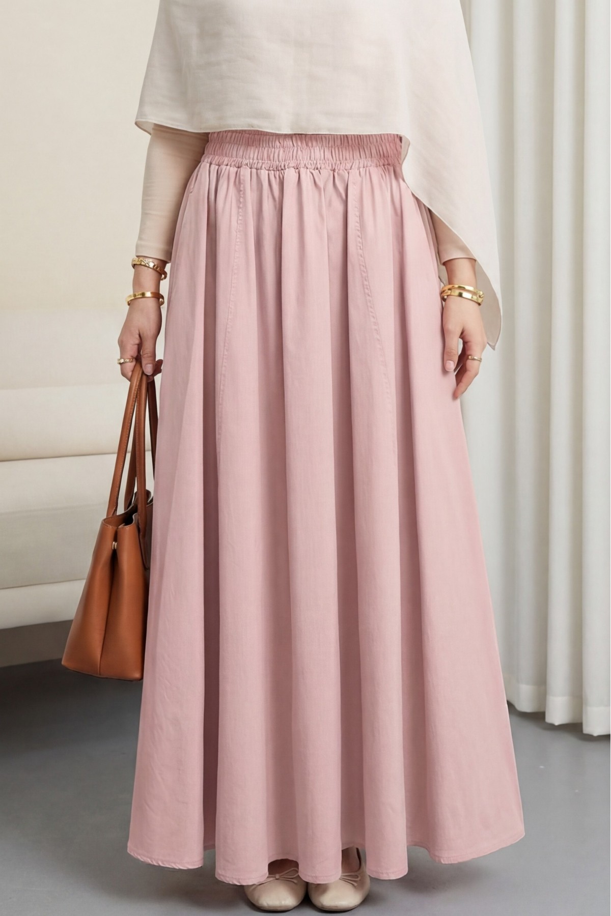 Double Pocket Poplin Flared Skirt with Elastic Waist     -Powder
