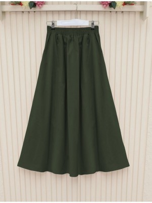 Beli Lastikli Çift Cepli Gabardin Etek     -Haki