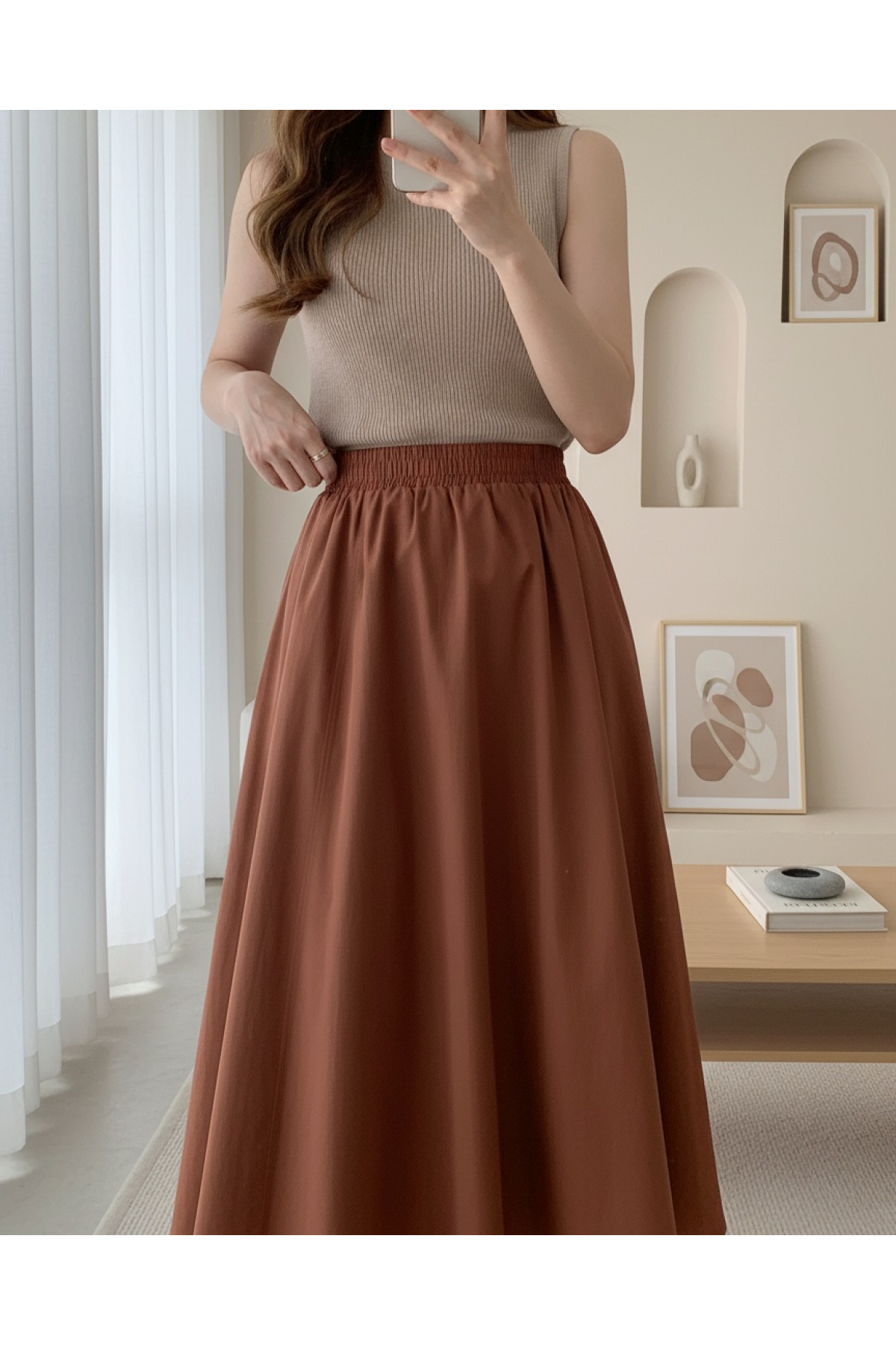 Double Pocket Poplin Flared Skirt with Elastic Waist       -Brick color