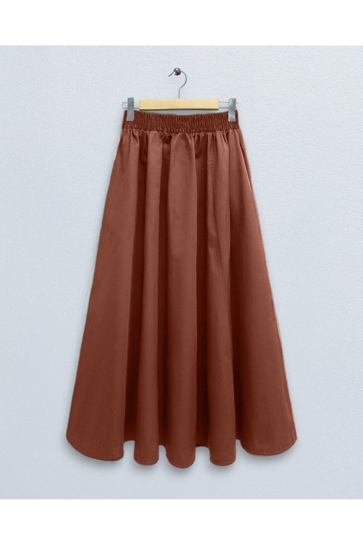 Double Pocket Poplin Flared Skirt with Elastic Waist       -Brick color
