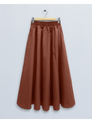 Double Pocket Poplin Flared Skirt with Elastic Waist       -Brick color