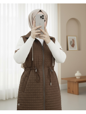 Yakası Bağcıklı Beli Lastikli Cepli Kapitone Yelek -Kahve