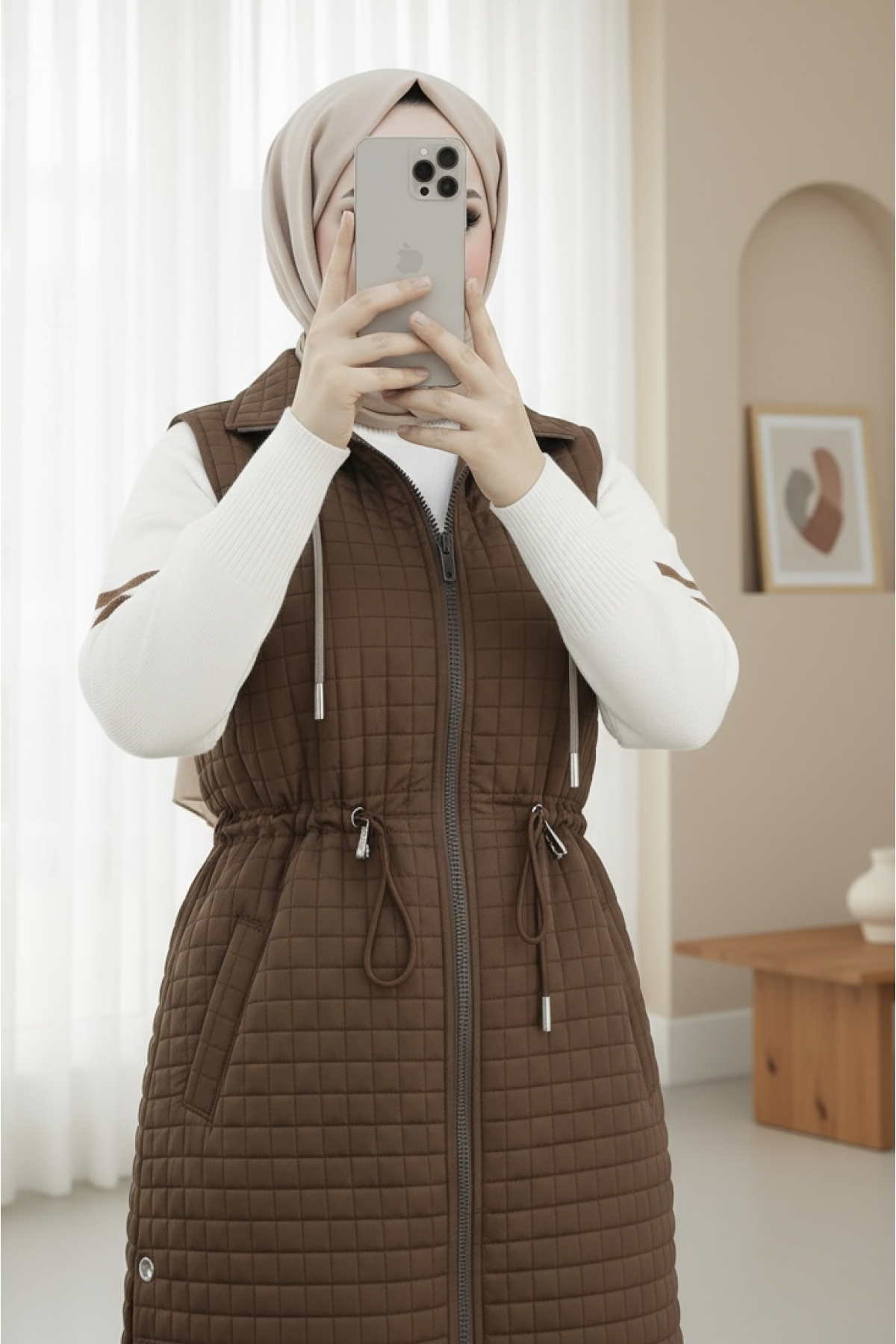 Quilted Vest with Tie Collar, Elastic Waistband and Pocket -Brown