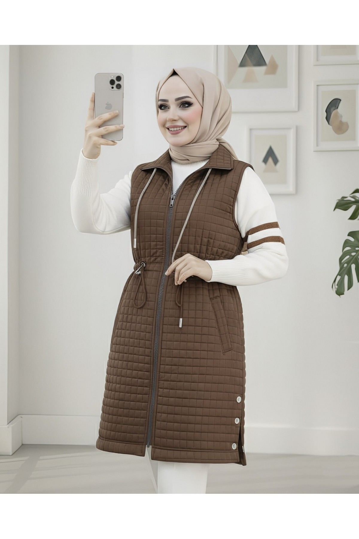 Quilted Vest with Tie Collar, Elastic Waistband and Pocket -Brown