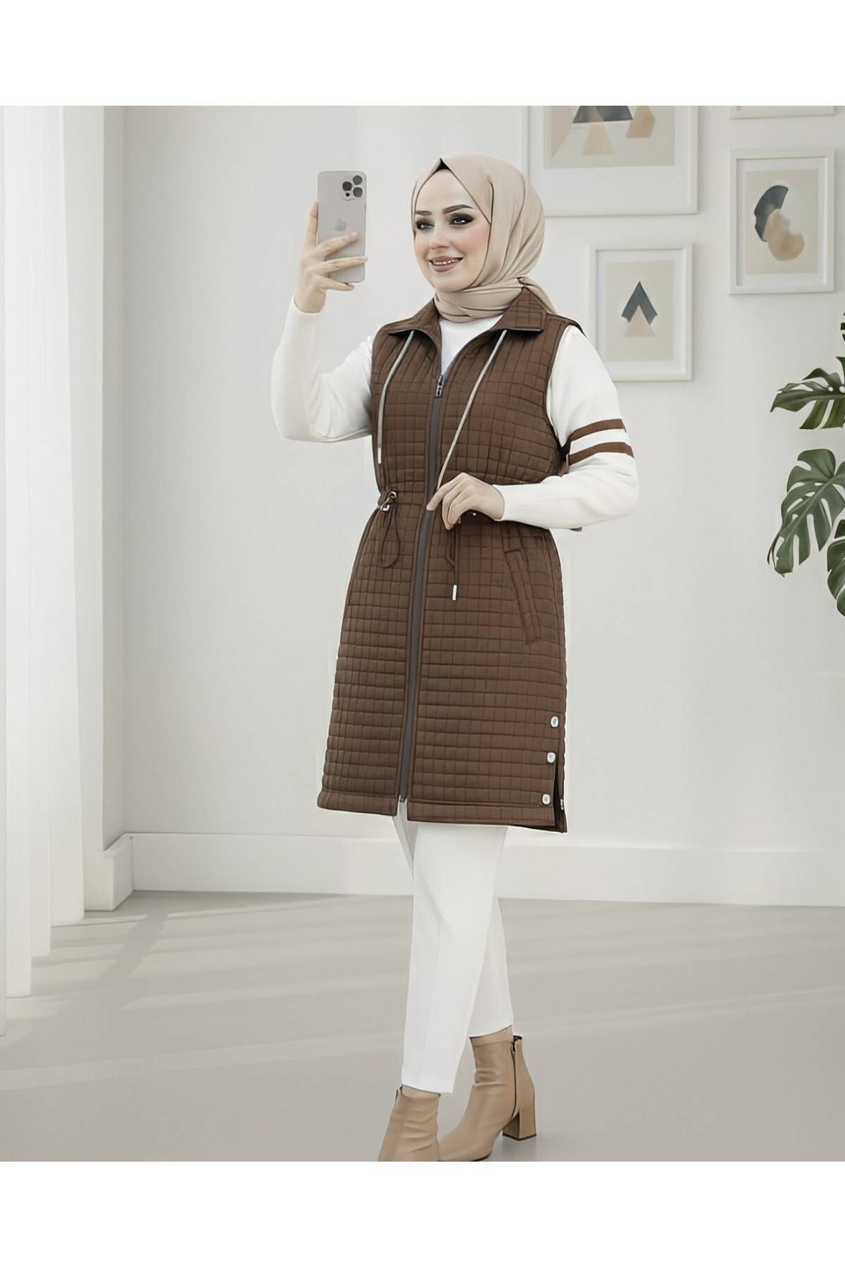 Quilted Vest with Tie Collar, Elastic Waistband and Pocket -Brown