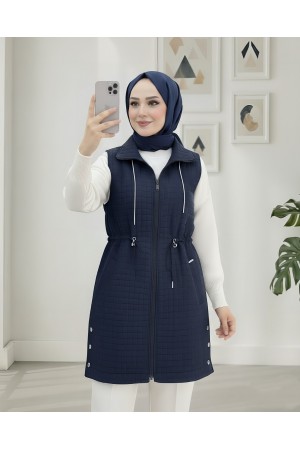 سترة مبطنة برباط على الياقة وحزام خصر مطاطي وجيب -كحلي