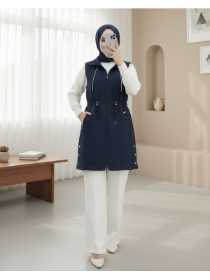 Yakası Bağcıklı Beli Lastikli Cepli Kapitone Yelek -Laci