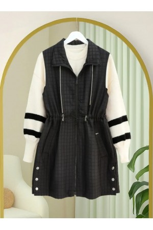 Yakası Bağcıklı Beli Lastikli Cepli Kapitone Yelek -Siyah