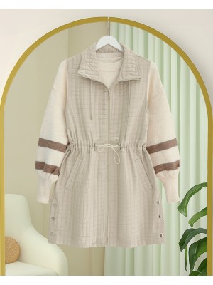 Yakası Bağcıklı Beli Lastikli Cepli Kapitone Yelek -Taş