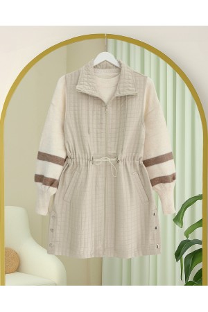 Yakası Bağcıklı Beli Lastikli Cepli Kapitone Yelek -Taş