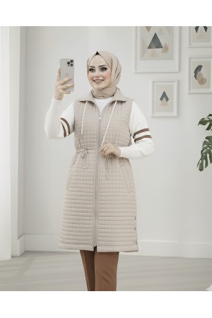 Yakası Bağcıklı Beli Lastikli Cepli Kapitone Yelek -Taş