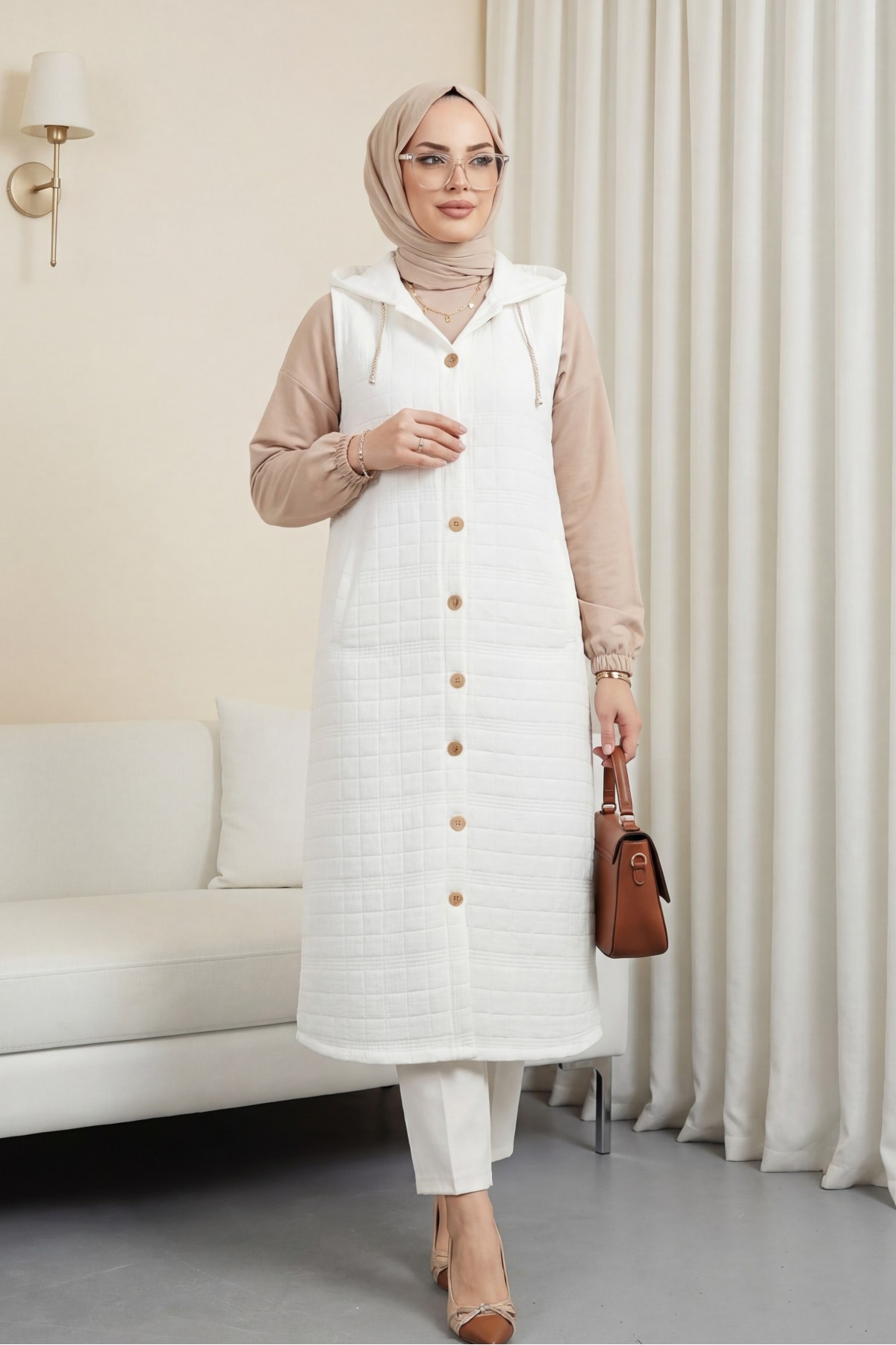 Quilted Vest with Buttoned Front and Chain Detailed Hood -White