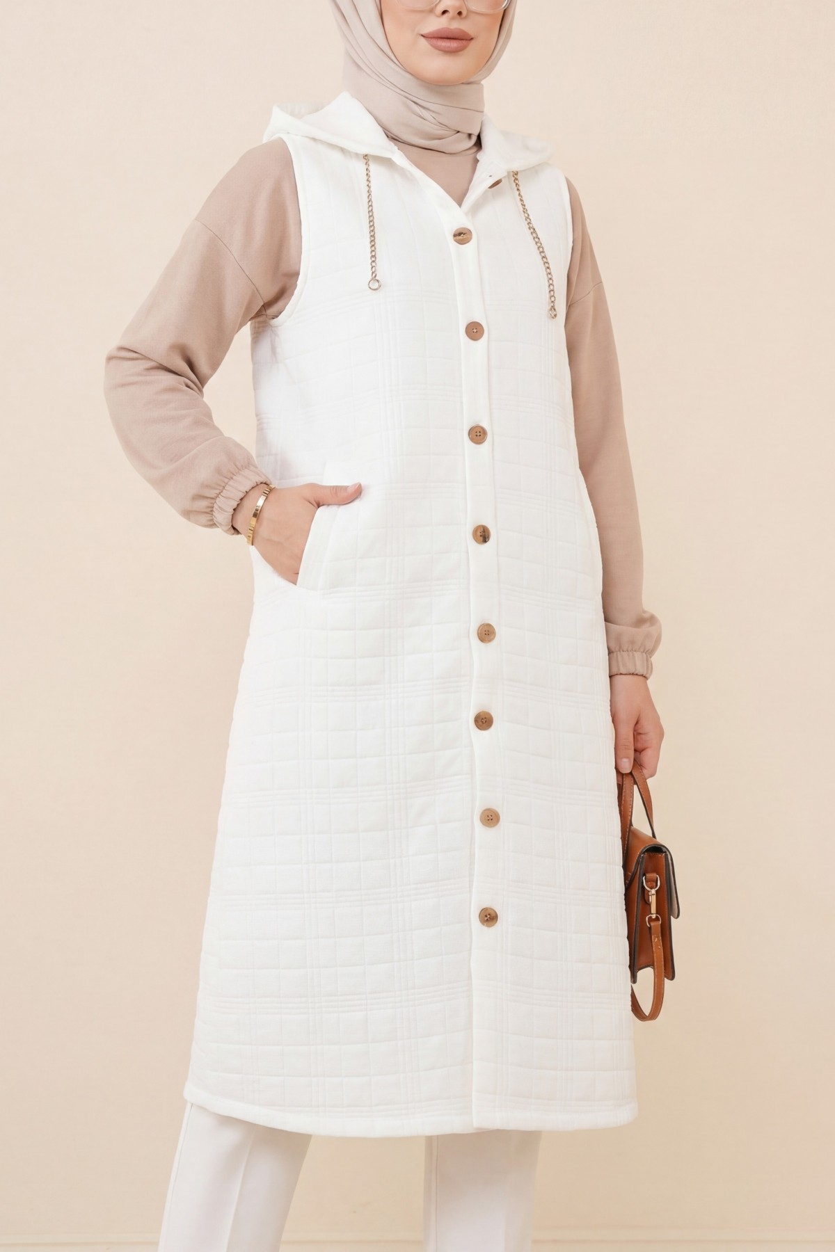 Quilted Vest with Buttoned Front and Chain Detailed Hood -White